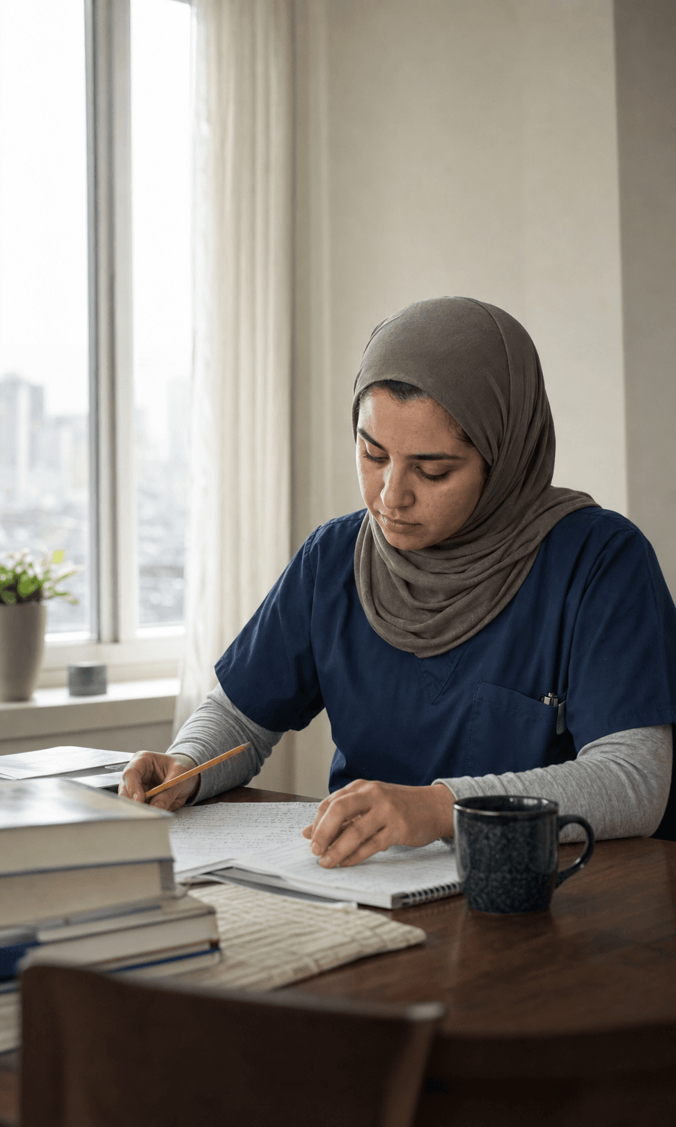 Nurse quietly revising handwritten licensing-exam notes