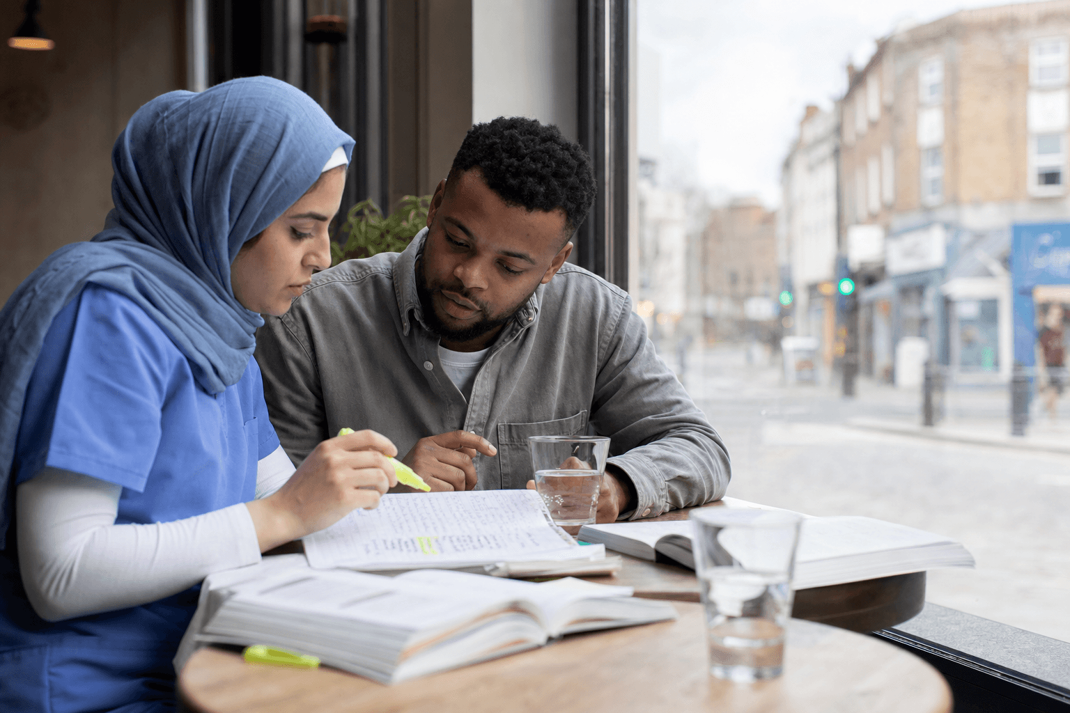 Two healthcare colleagues calmly studying together