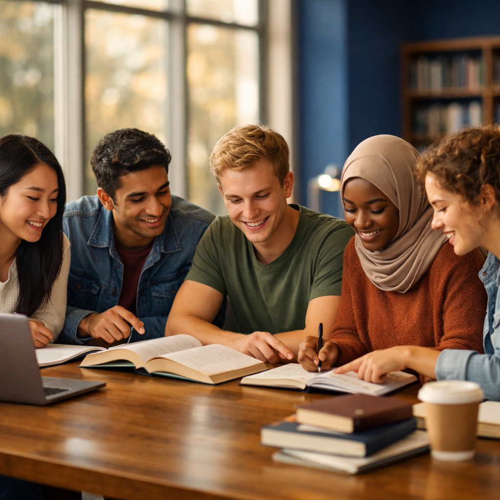 Diverse students studying together in a university library